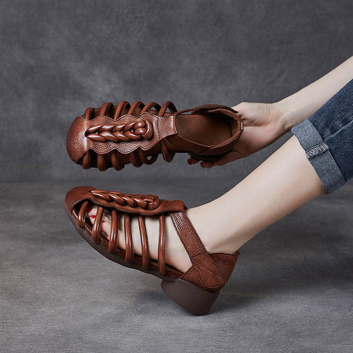 Breathable Leather Summer Sandals for Women - Round Toe Flat Walking Shoes with Velcro Strap
