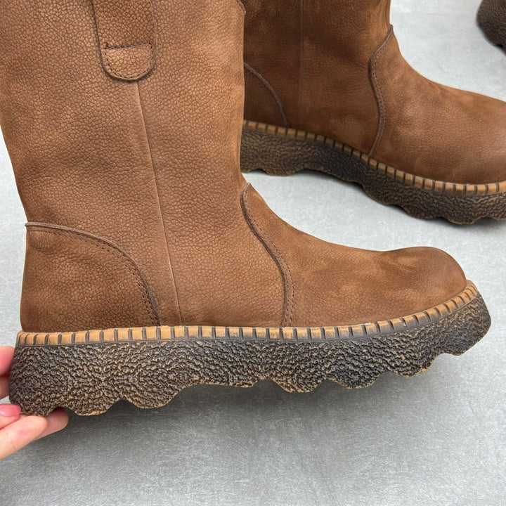 Women's Genuine Leather Mid-Calf Boots Vintage Round Toe Slip-on Winter Shoes