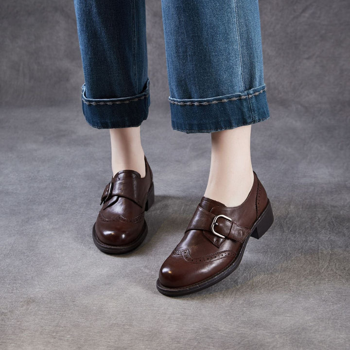 Women's Retro Leather Monk Strap Shoes Vintage Round Toe Brogue Chunky Heels