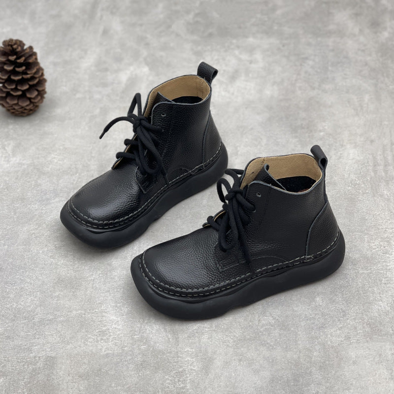 Retro Style Women's Soft Leather Ankle Boots – Platform Lace-Up Short Boots