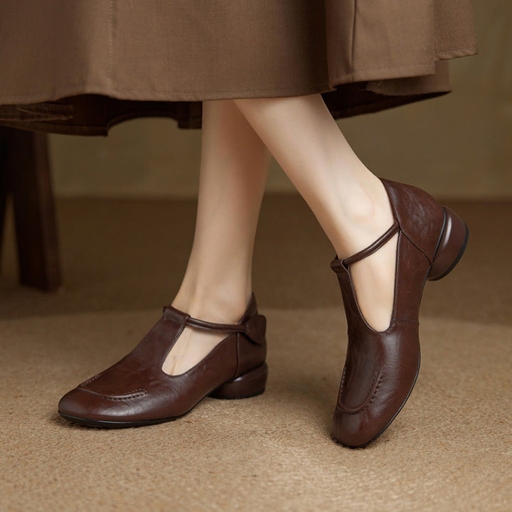 Women's Leather T-Strap Shoes with Block Heel Square Toe — Velcro Fastening, Casual Style
