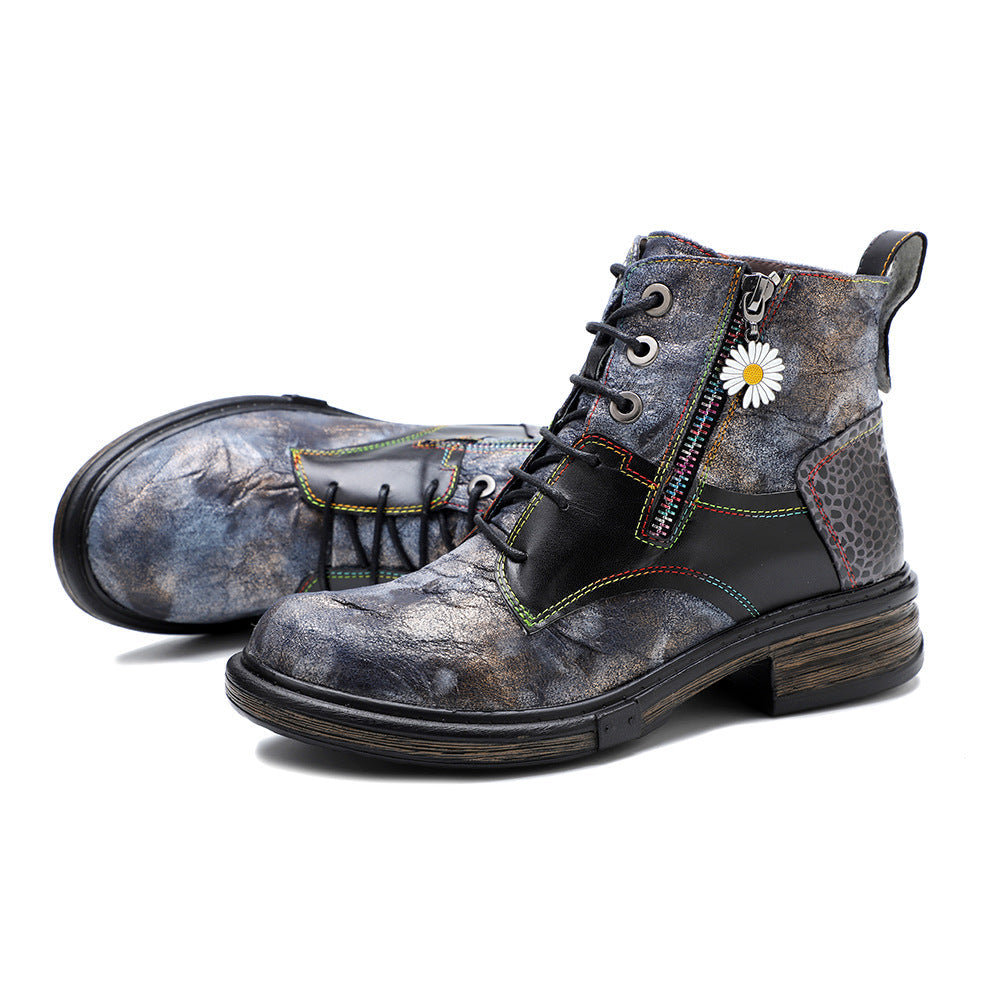 Floral Print Combat Boots for Women - Leather Lace-up Booties with Side Zipper