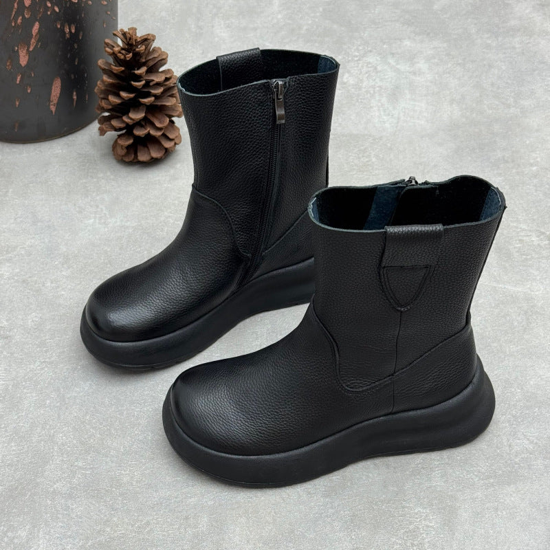 Women's Top-Grain Leather Mid Calf Boots Side Zipper Platform Casual Wedge Booties