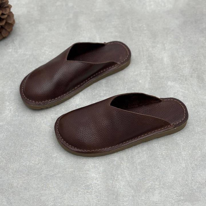 Minimalist V-Cut Cowhide Summer Mules Women's Leather Zen Flat Summer Slides