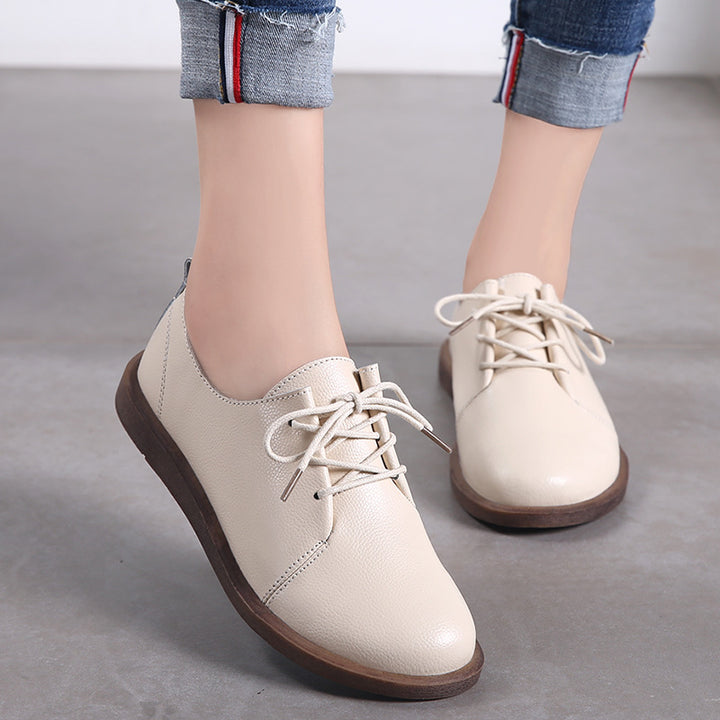 Women's Genuine Leather Lace Up Oxfords Flat Shoes
