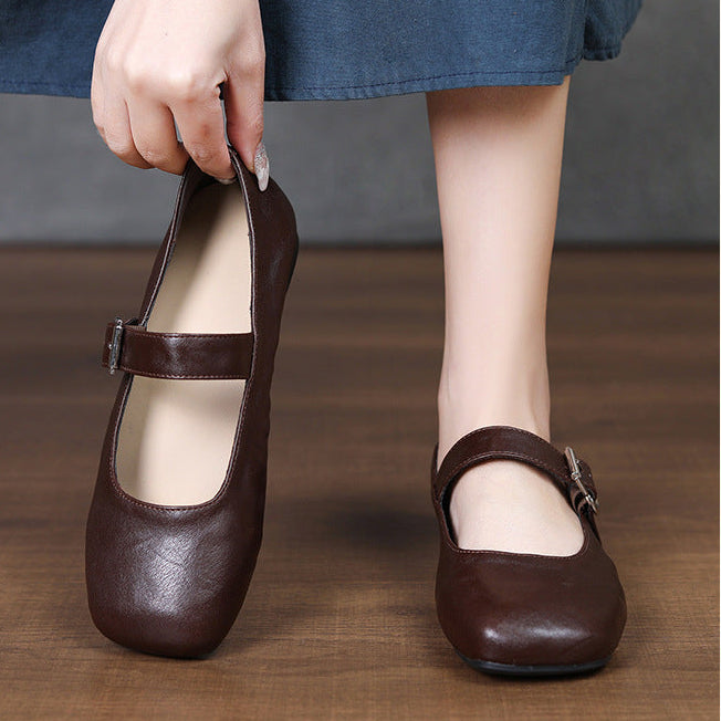 Women‘s Retro Leather Mary Jane Flats Vintage Square Toe Casual Ballet Shoes