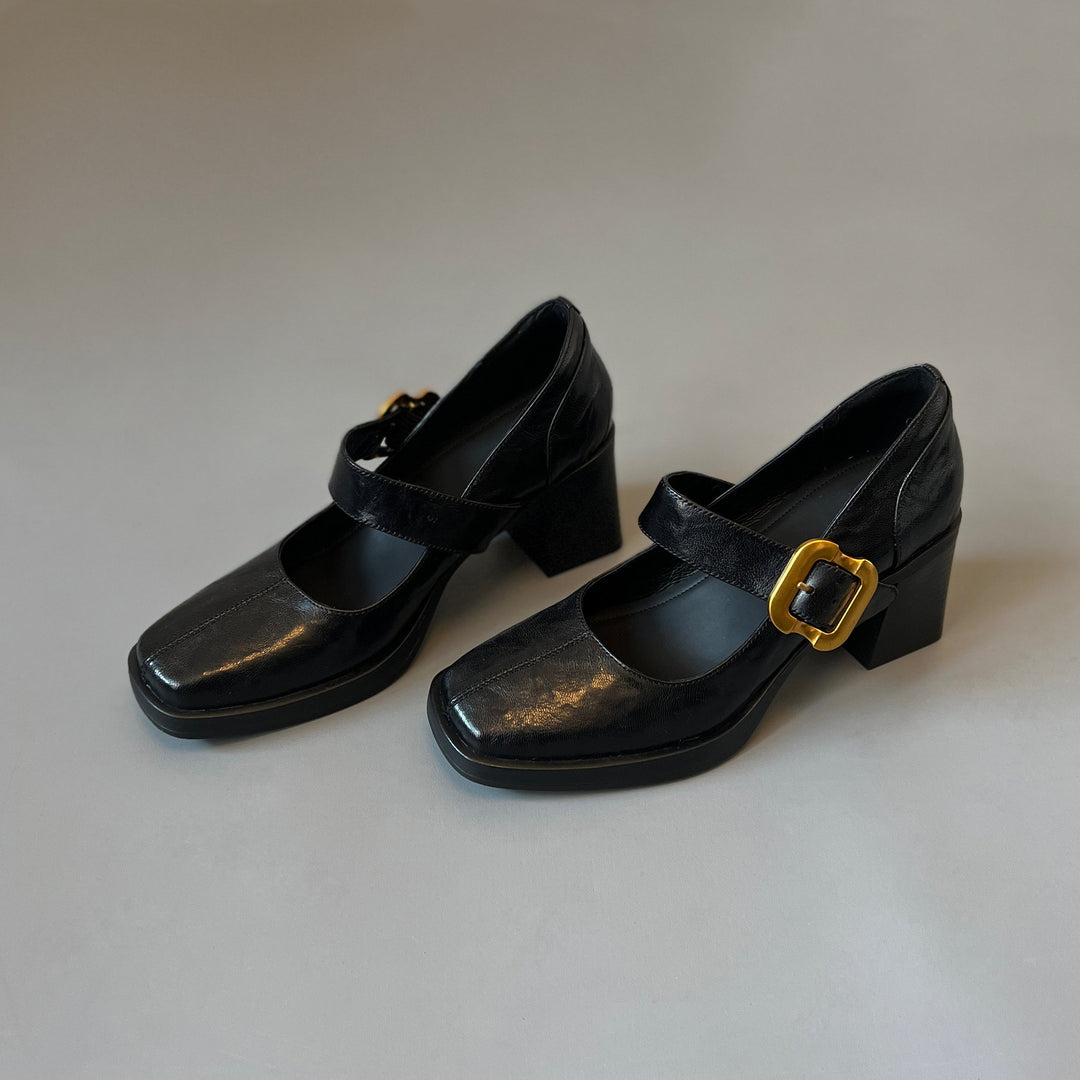Women's Mary Jane Pumps - Square Toe Gold Buckle High Block Heel Dress Shoes