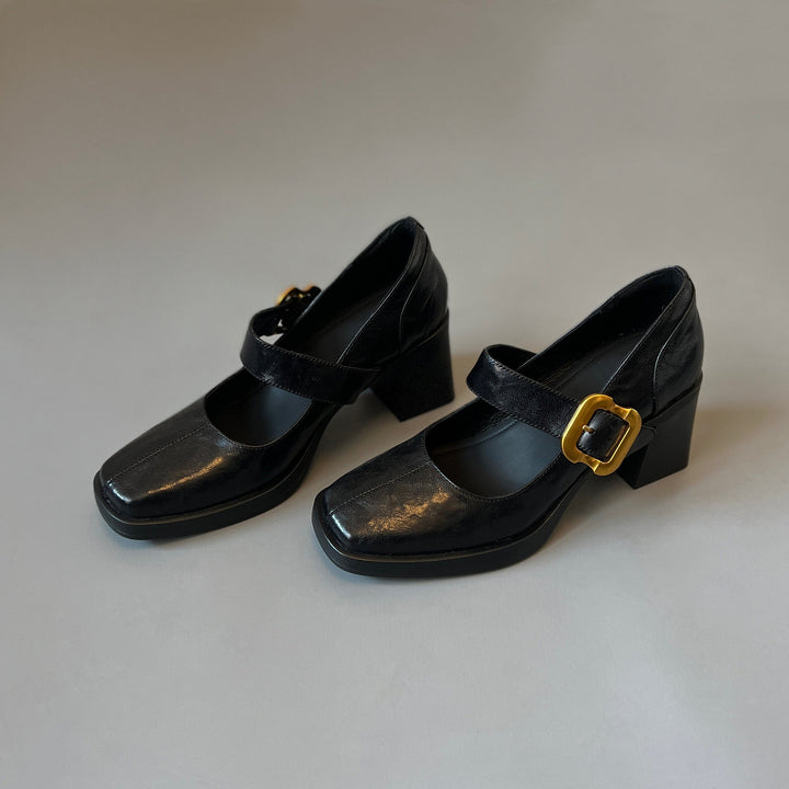 Women's Mary Jane Pumps - Square Toe Gold Buckle High Block Heel Dress Shoes