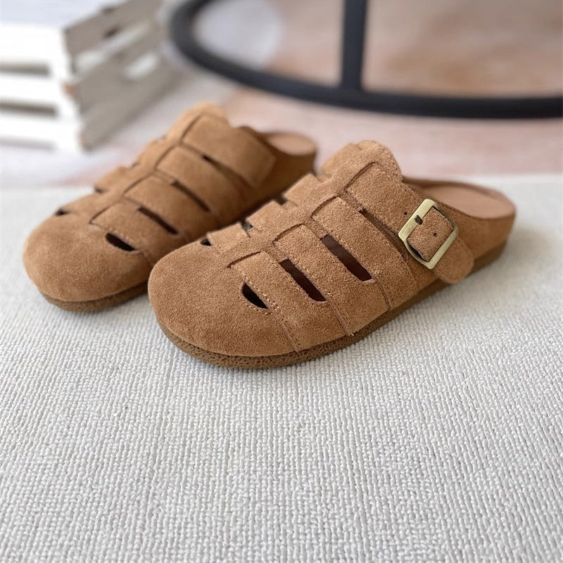 Women's Suede Round Toe Hollowed Out Casual Buckle Mule