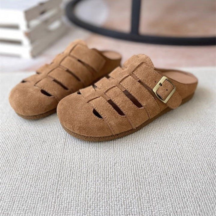 Women's Suede Round Toe Hollowed Out Casual Buckle Mule