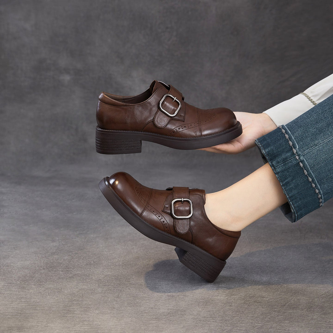 Women's Genuine Leather Chunky Platform Monk Strap Loafers Vintage Brogue Slip-on Shoes