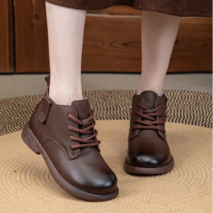 Women's Leather Ankle Boots - Vintage Round Toe Lace-Up Side Zipper Oxford Booties Comfort Walking Shoes