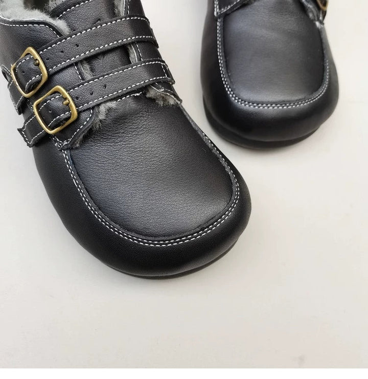 Women's Wide Toe Box Genuine Leather Shearling Lined Loafers Wide Toe Slip On Warm Winter Shoes