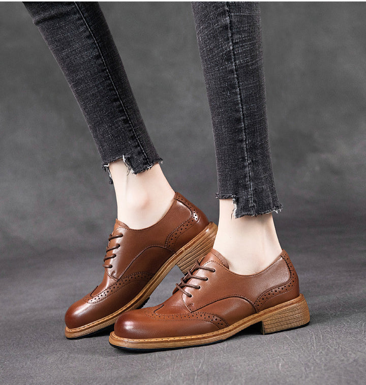 Women's Leather British-Style Brogue Lace-up Oxford Shoes