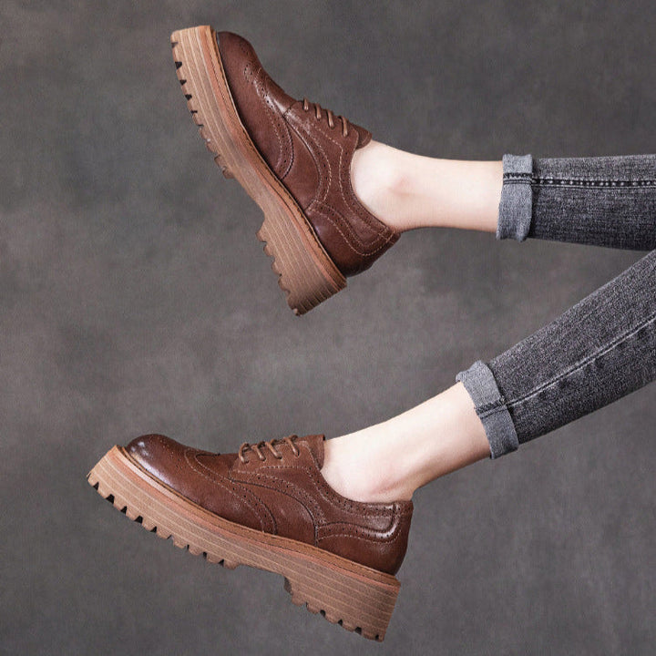 Women's British Style Brogue Oxfords - Genuine Leather with Chunky Sole