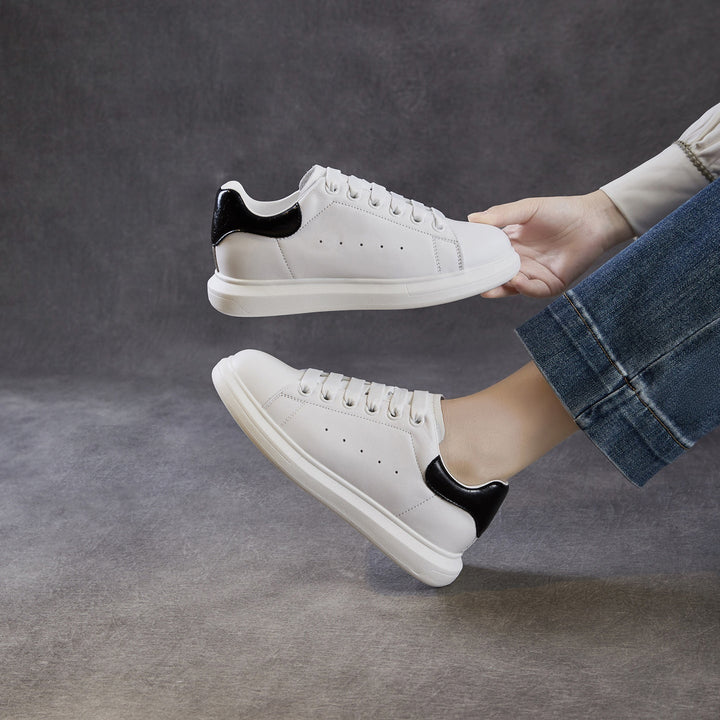 Women's Leather Casual Sneakers Spring Fall Round Toe Lace-up Platform Shoes