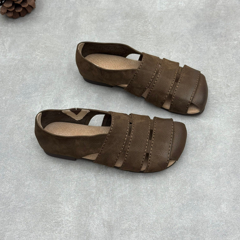 Women's Leather Hollow-Out Fisherman Sandals Casual Summer Retro Square Toe Shoes