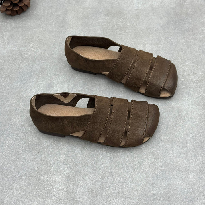 Women's Leather Hollow-Out Fisherman Sandals Casual Summer Retro Square Toe Shoes