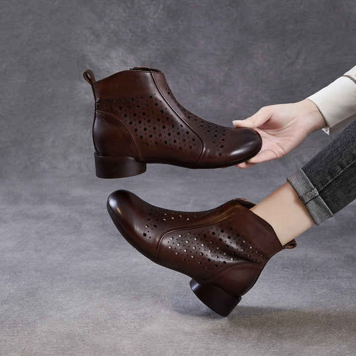 Women’s Summer Breathable Cut-Out Leather Boots – Retro Mid Heel Sandals
