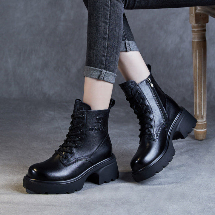 Women's Genuine Leather Lightweight Ankle Boots – Platform Chunky Heel