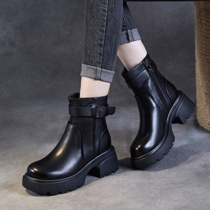 Women's Stylish Genuine Leather Platform Boots – Chunky Heel, Buckle & Side Zip