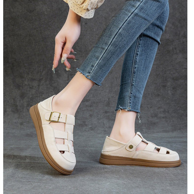 Leather Fisherman Sandals - Women's Retro Round Toe Platform Summer Flats