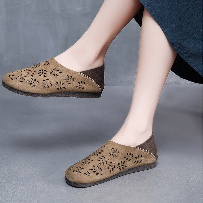 Women's Leather Loafers - Cut-Out Leaf Perforated Flat Sandals Casual Slip-On Summer Shoes