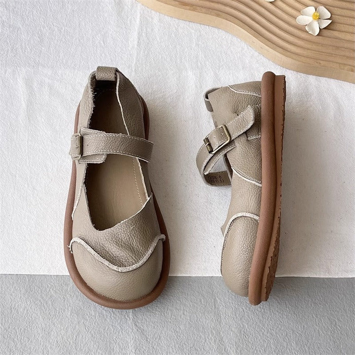 Women's Soft Leather Flat Mary Jane Shoes – Round Toe with Patchwork Design