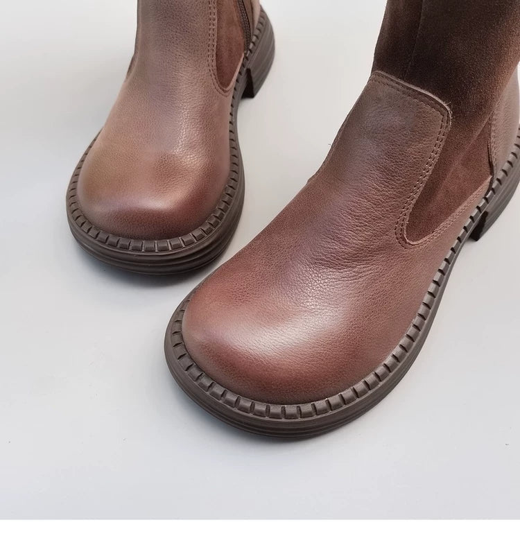 Women's Wide Toe Box Vintage Leather Suede Patchwork Knee-High Boots Wide Fit Flat Riding Boots
