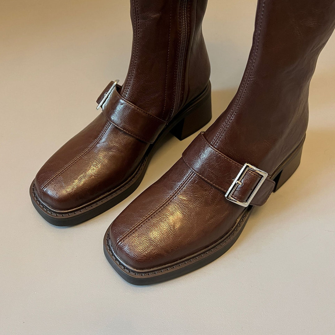 Women's Vintage Knee High Zipper Boots - Square Toe Buckle Strap Chunky Block Heel Riding Boots