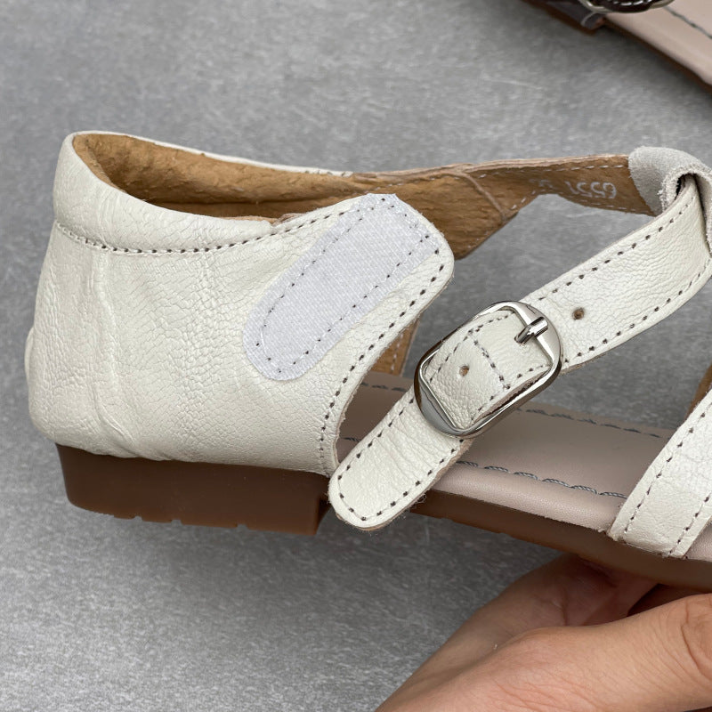 Women's Genuine Leather T-Strap Mary Jane Sandals Retro Square Toe Flats