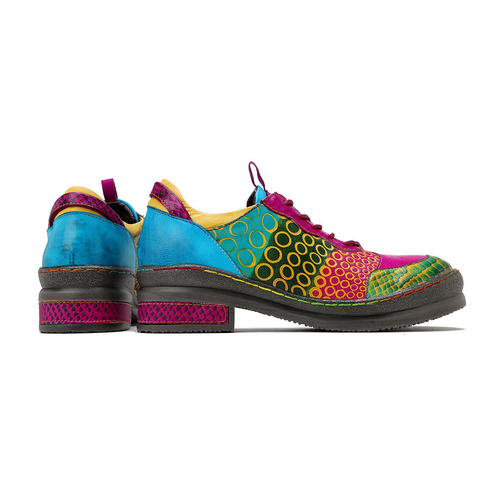 Dopamine Style Vibrant Leather Flats for Women - Artsy Geometric Print Lace-up Casual Shoes
