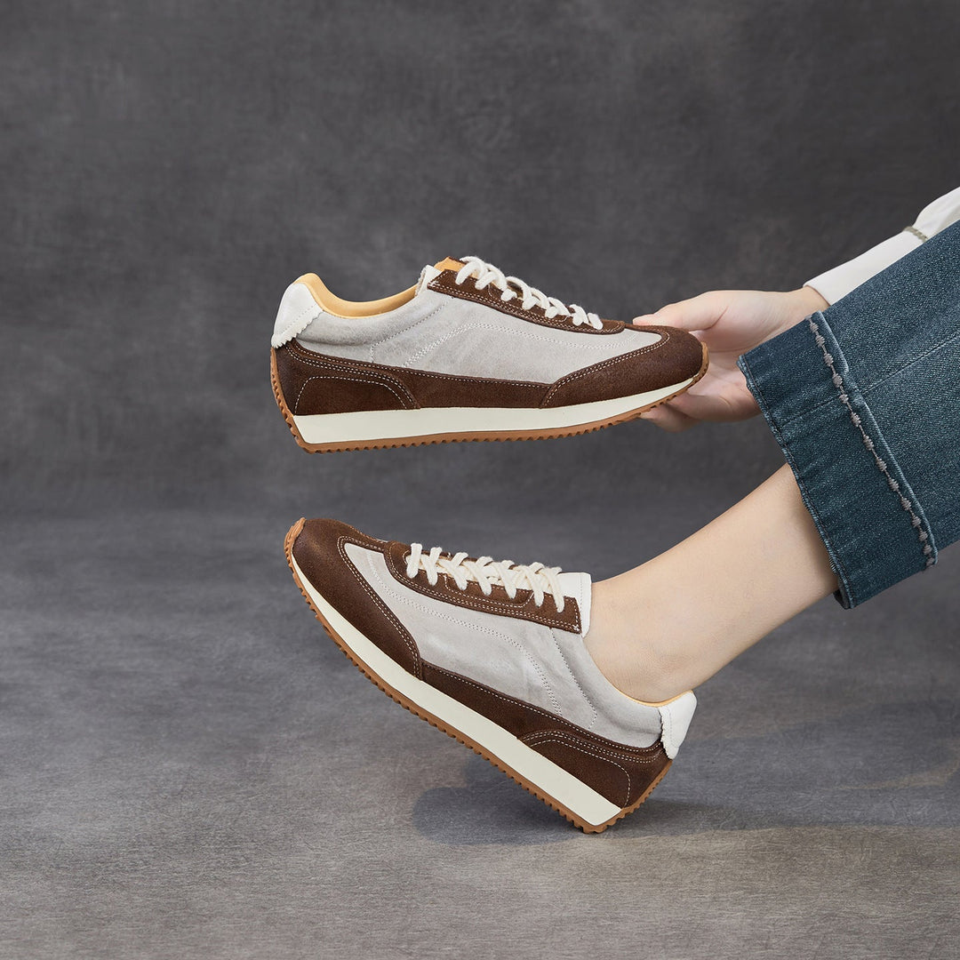 Women's Genuine Leather Hidden Wedge Sneakers Vintage Lace-up Round Toe Casual Shoes