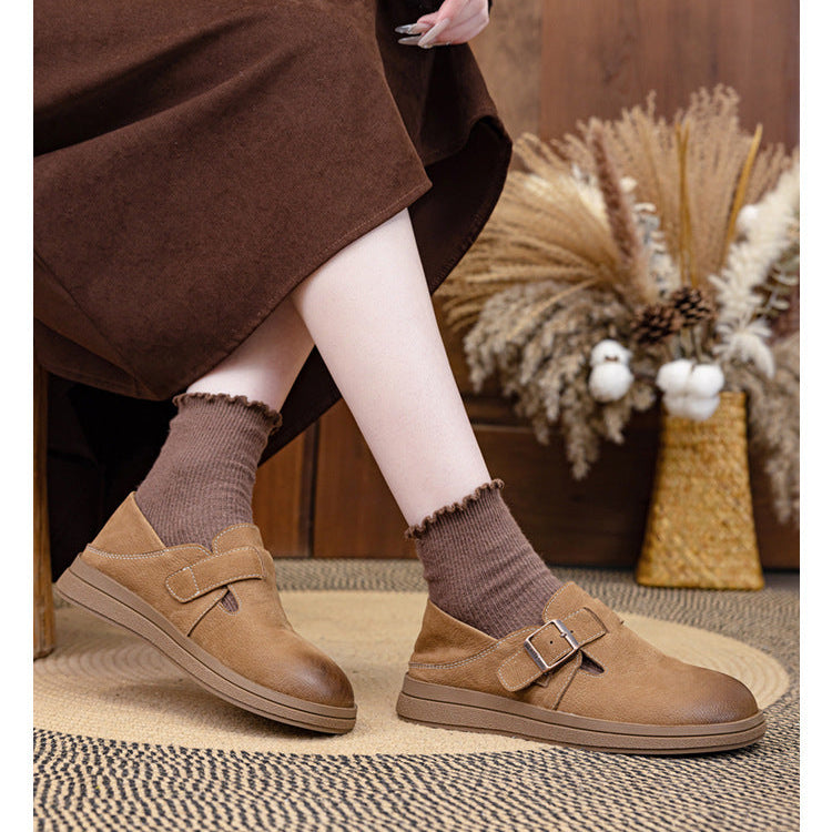 Vintage Leather Loafers - Women’s Round Toe Casual Flats with Adjustable Velcro Strap