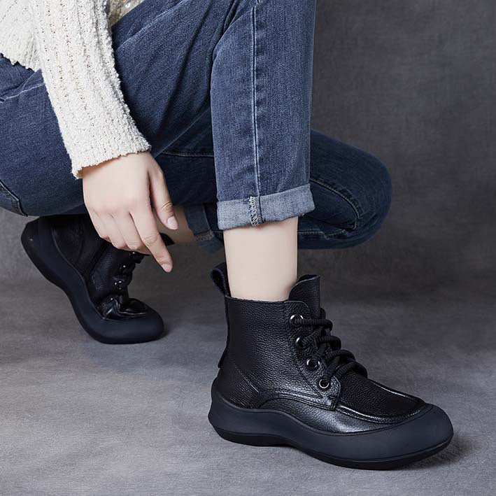 Women's Leather Platform Boots – Comfortable Casual Lace-Up Ankle Shoes