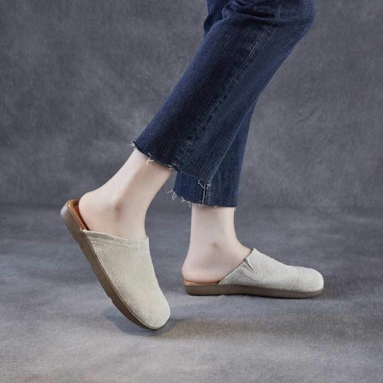 Women's Minimalist Nubuck Mules - Round-Toe Flat with Slip-On Ease