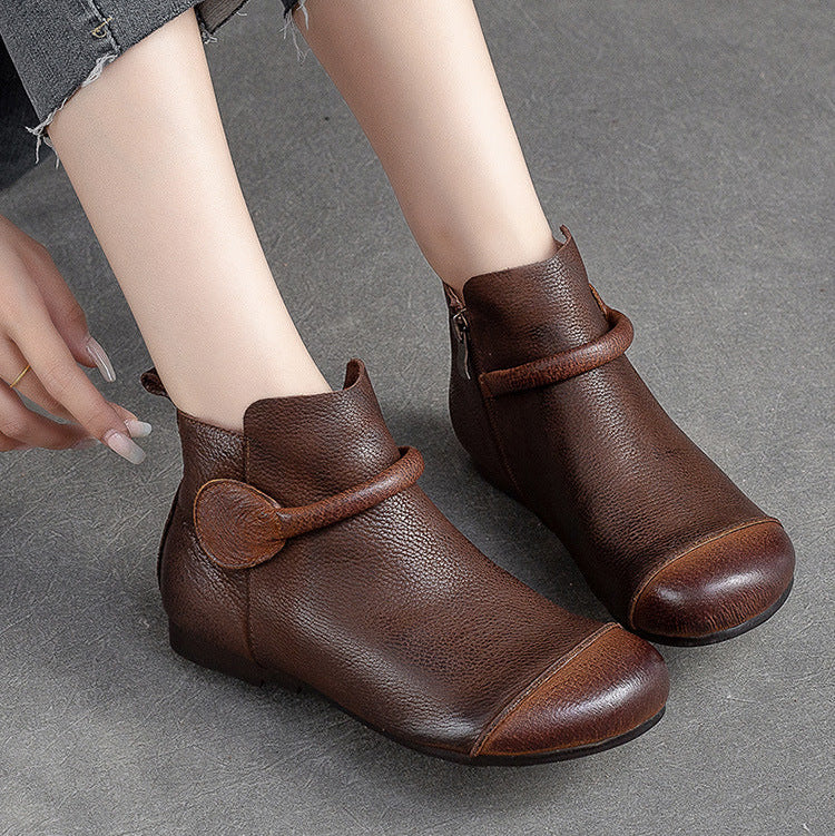 Women's Retro Leather Ankle Boots Vintage Round Toe Velcro Short Booties