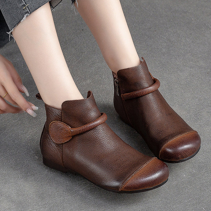 Women's Retro Leather Ankle Boots Vintage Round Toe Velcro Short Booties
