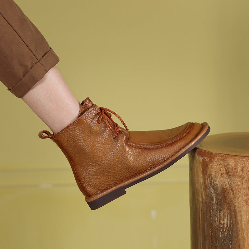 Women's Handmade Vintage Soft Leather Flat Lace-Up Ankle Boots Comfort Fit