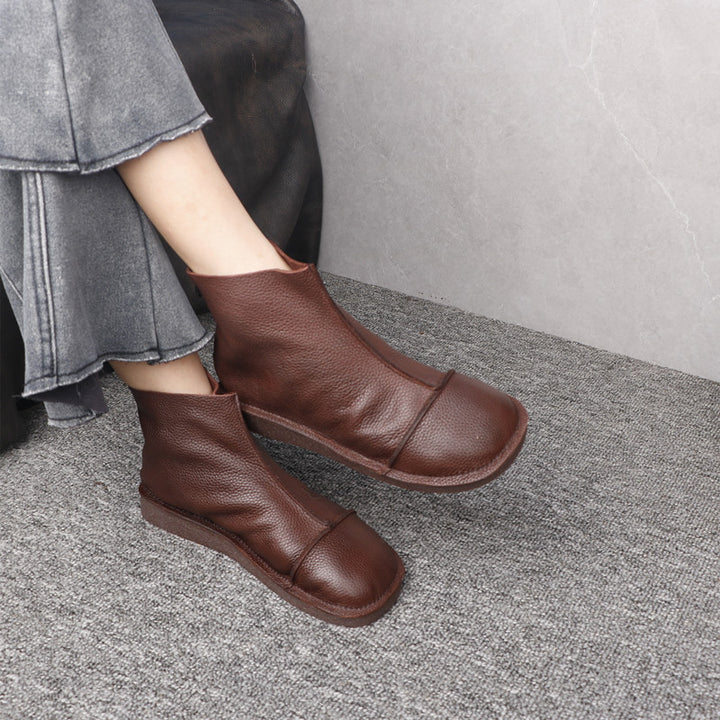 Women's Genuine Leather Ankle Boots Back Zipper Soft Flat Booties Casual Walking Shoes