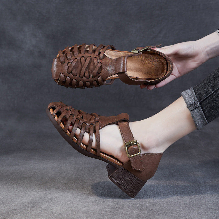 Women's Leather Fisherman Sandals - Vintage Interlocking Woven Closed Mid Block Heel Shoes with Buckle