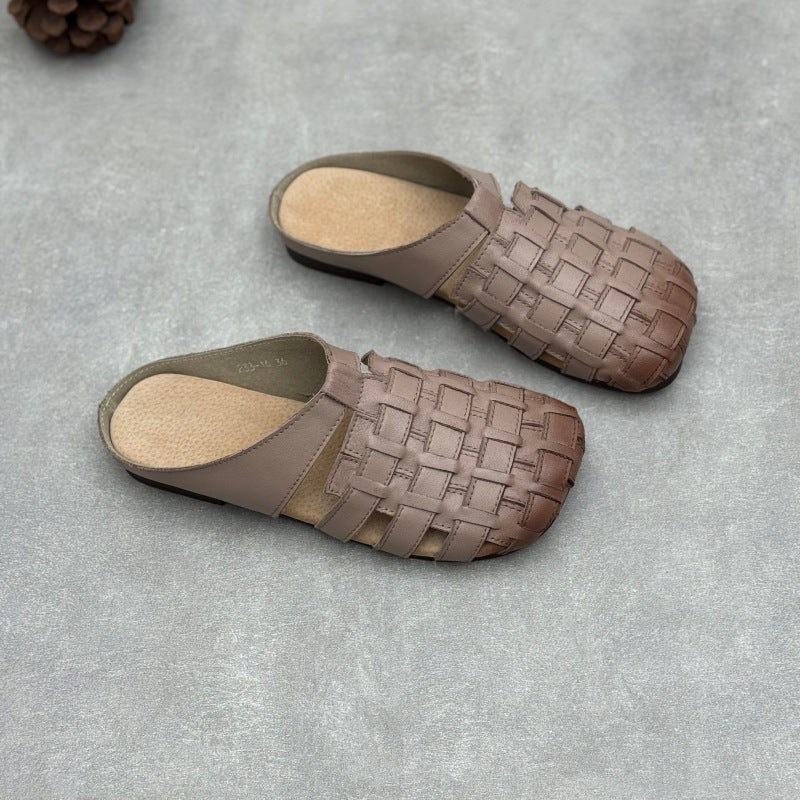 Women's Artisanal Square Toe Leather Woven Mules - Lightweight Unlined Flats