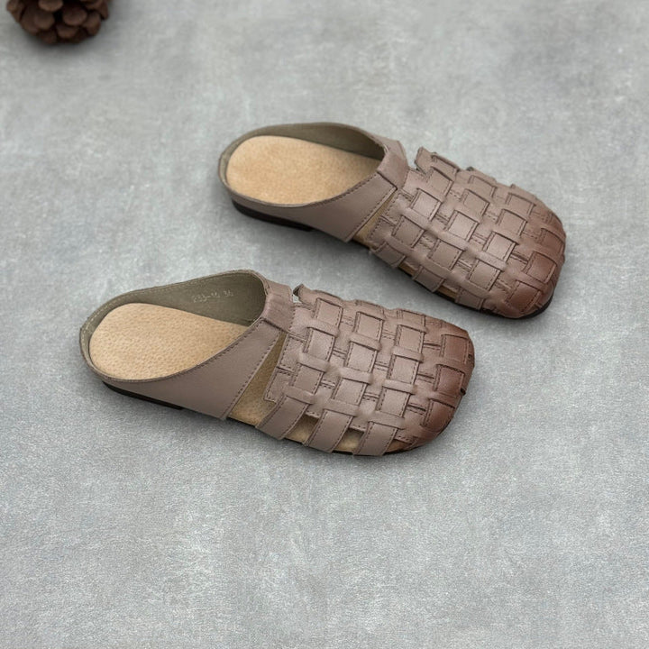 Women's Artisanal Square Toe Leather Woven Mules - Lightweight Unlined Flats