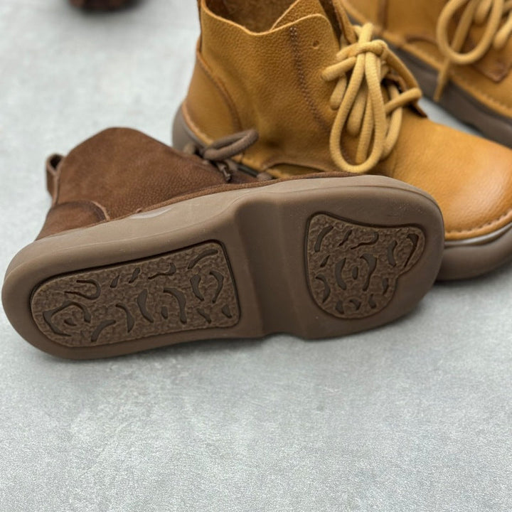 Retro Style Women's Soft Leather Ankle Boots – Platform Lace-Up Short Boots