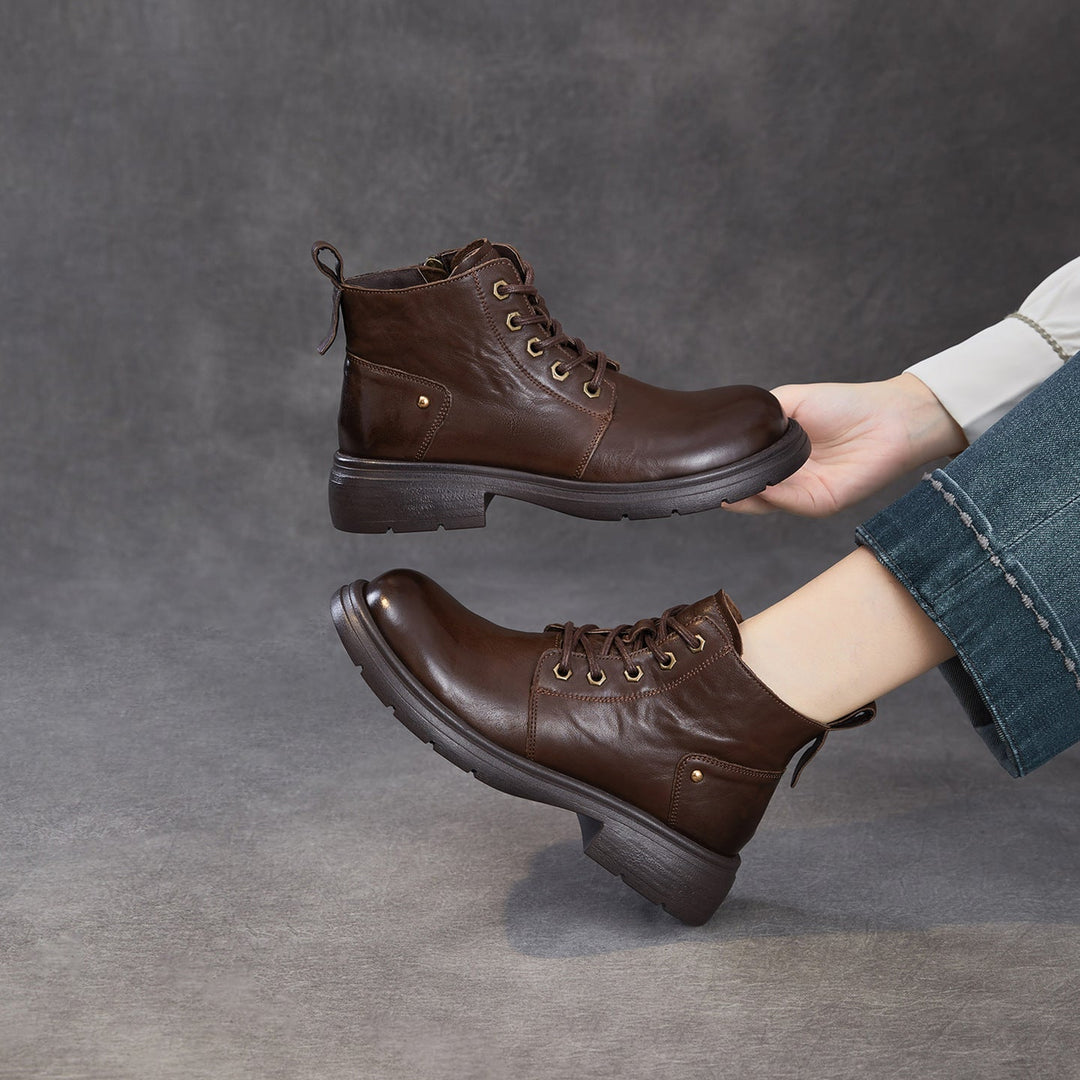 Women's Leather Winter Combat Ankle Boots Soft Lined Lace-up Walking Booties