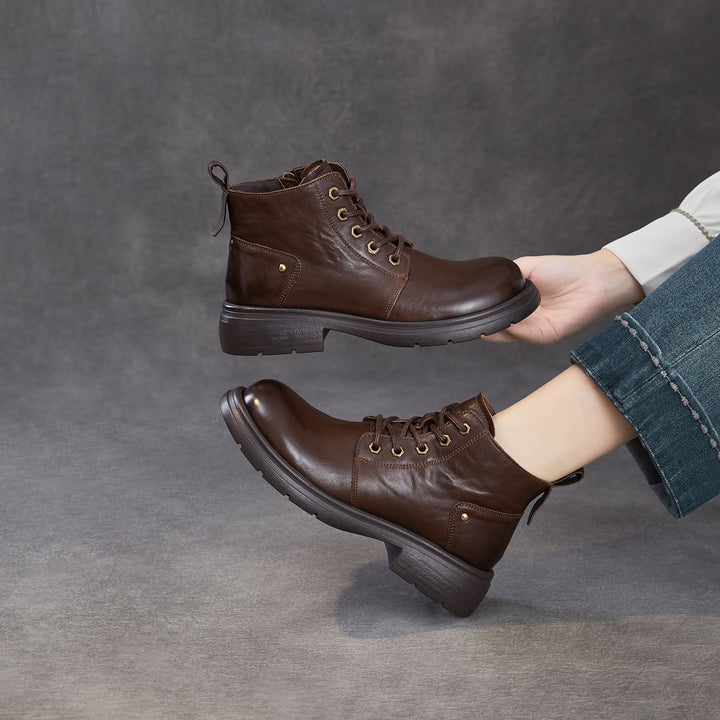 Women's Leather Winter Combat Ankle Boots Soft Lined Lace-up Walking Booties