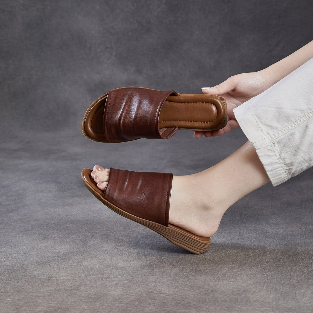 Women's Open Toe Leather Ruched Mules - Zen Style Cowhide Summer Slides