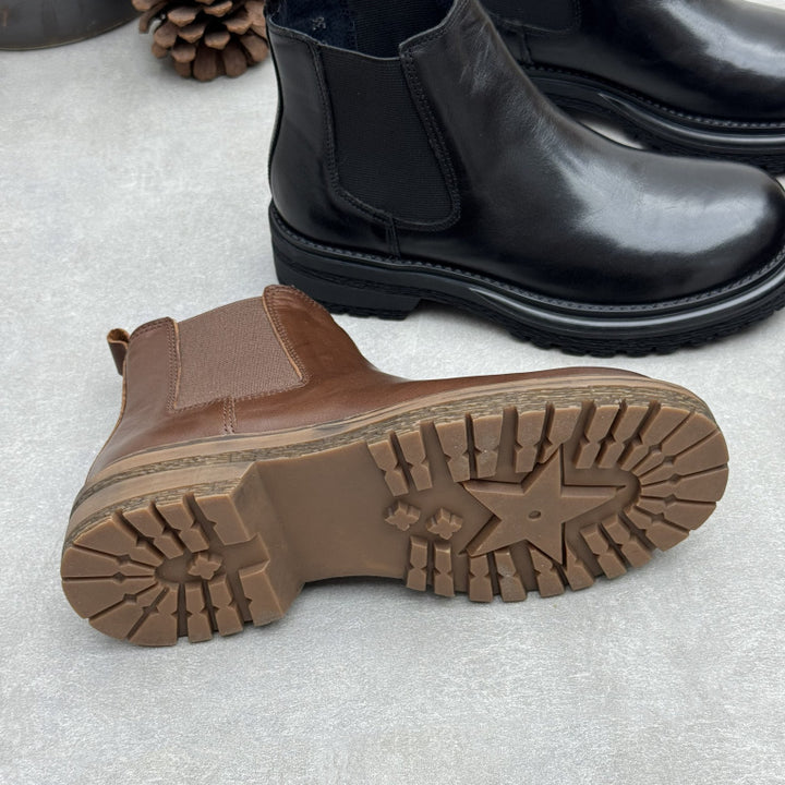Women's Washed Leather Chelsea Ankle Boots Slip On Low Platform Heel Booties