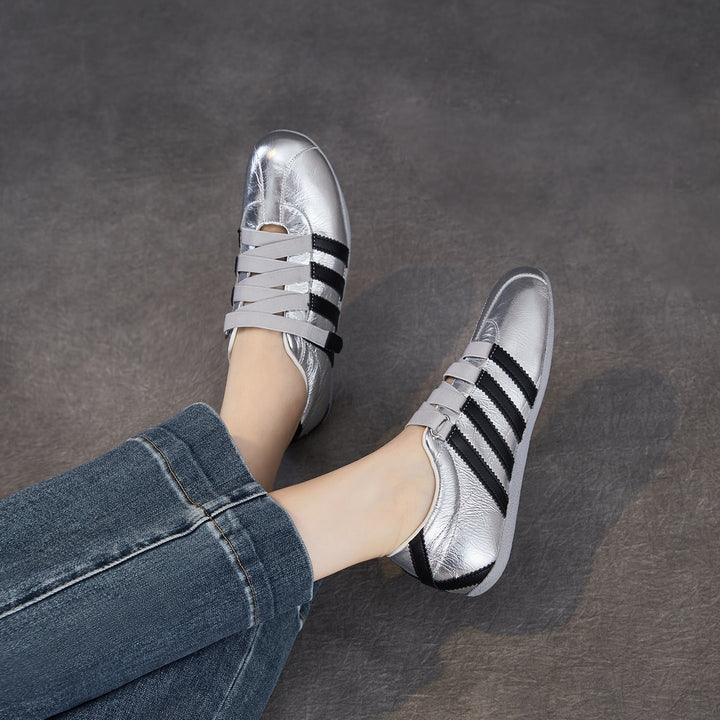 Women's Retro Cowhide Sneakers Vintage Round Toe Strappy Velcro Driving Flats