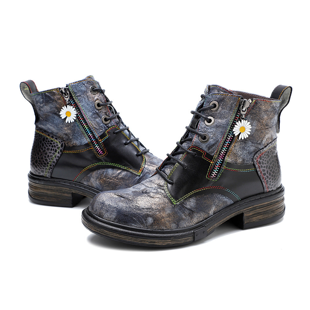 Floral Print Combat Boots for Women - Leather Lace-up Booties with Side Zipper